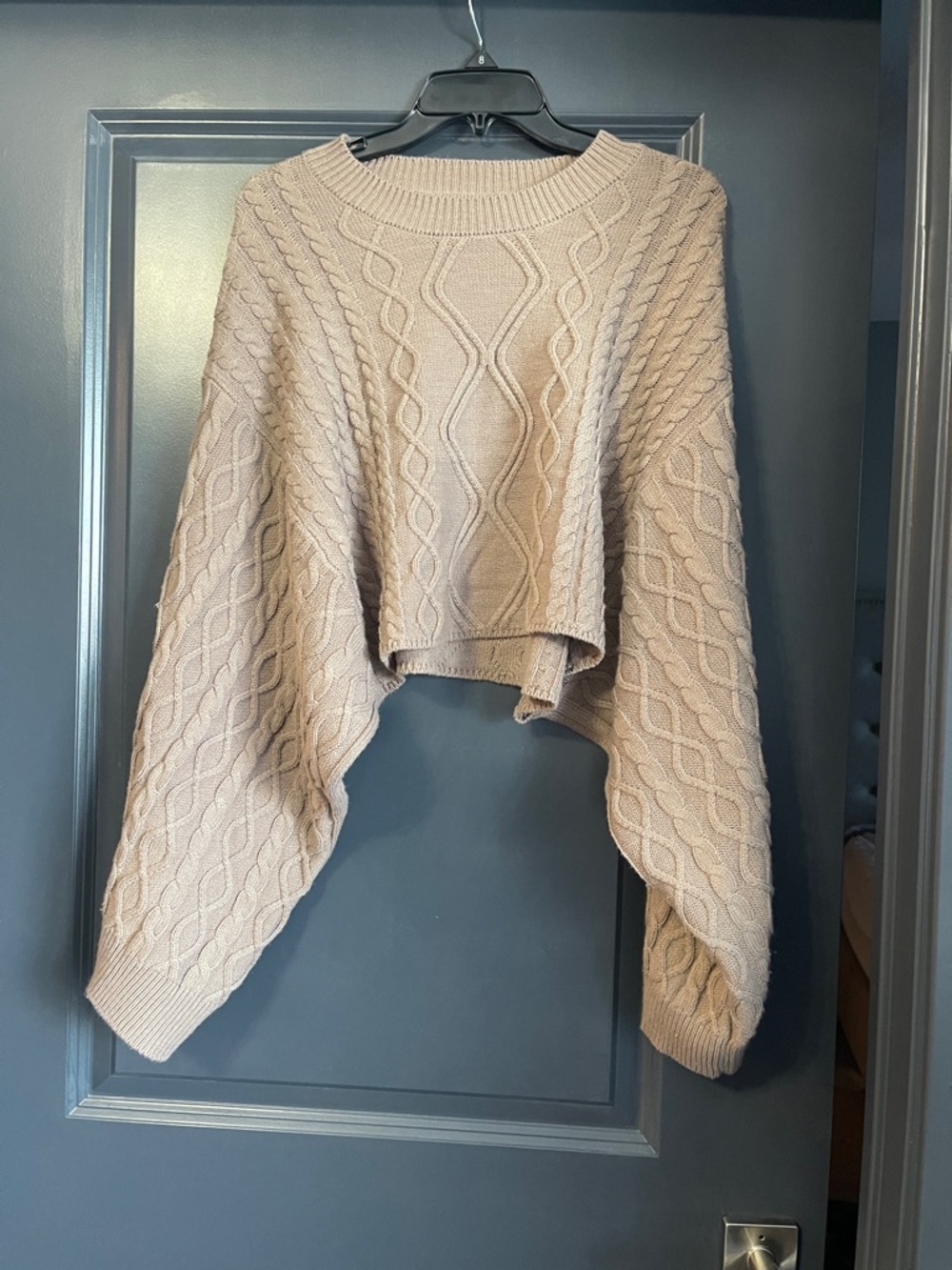HYFVE Beige Off-the-Shoulder Cropped Cable Knit Sweater